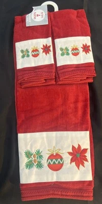 Vintage Trim A Home Christmas Embroidered Red Holly Bath & Hand Towel Set - Image 1 of 4
