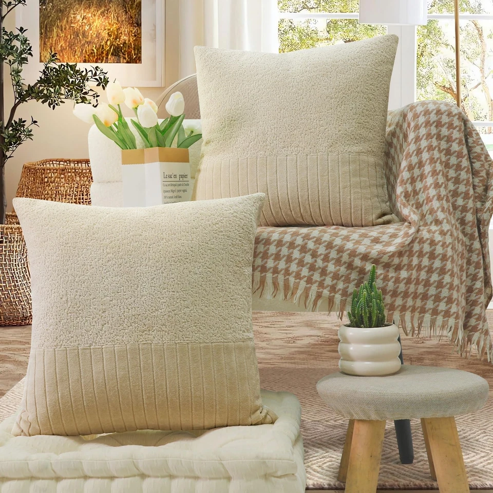 Pack of 2 Striped Throw Pillow Covers 18x18 Inch Beige Patchwork Pillow Cover... - Image 1 of 4