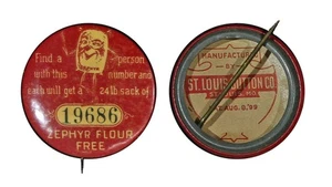 Antique Celluloid Pinback • ZEPHYR FLOUR FREE • Contest Promotion Serial # 19686 - Picture 1 of 3