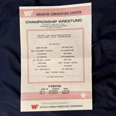 Hoja de Programa de Tarjetas de Partido WWF De Colección 2/9/85 Anaheim, CA Andre The Giant WWE Foto 1 de 4
