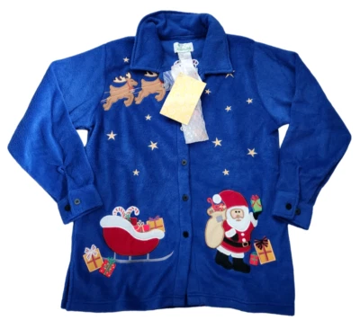 Quacker Factory Womens M Fleece Christmas Jacket Santa Button Up Long Sleeve - Image 1 of 4