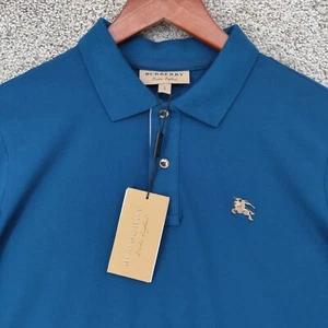 Burberry Polo Shirt Mens Large Fits Medium Blue Metal Logo Nova Check Pullover - Picture 1 of 17