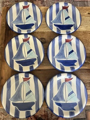 "Platos de velero NANTUCKET 6 rayas azules blancas cena 10"" barco náutico pesado" Foto 1 de 4