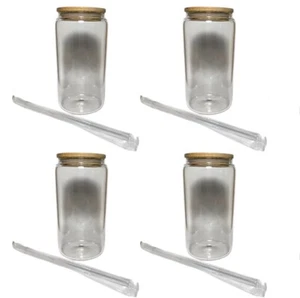 Set 4 Drinking Glass with Bamboo Lid Straw 16oz Can Shape Cup Iced Coffee Drink - Picture 1 of 4