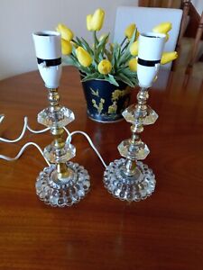 PAIR VINTAGE LAURA ASHLEY CANDLESTICK CRYSTAL GLASS LAMPS, HEIGHT 10.5"