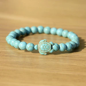 Turquoise Turtle Bracelet Natural Stone Beaded Charm Bracelets for Men Women - Picture 1 of 18