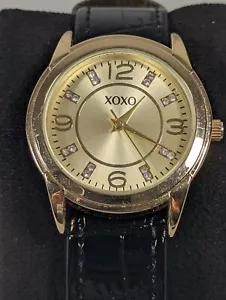 XOXO Gold Tone Dial Round Case Black Faux Leather Band Watch - Picture 1 of 8