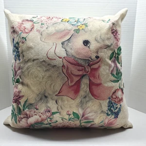 Spring Flowers & Baby Lamb Large Decorative Throw Pillow 15"X15" Zippered Cover - Picture 1 of 6