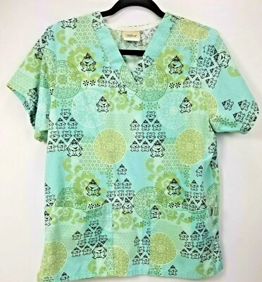 Tafford Womens Scrub Top XS Teal Green Blue Mint Frogs Brown Work Shirt - Image 1 of 4