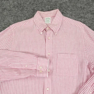 Brooks Brothers Shirt Mens Large Pink White Striped Linen Long Sleeve Milano - Picture 1 of 10