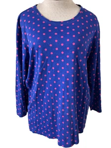 Kim Rogers knit top size 1X Perfectly Soft 3/4 sleeve pullover blue pink dots - Picture 1 of 6