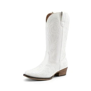 Women's Cowboy Boots Mid Calf Cowgirl Boots Square Toe Chunky Heel Embroidery - Picture 1 of 7