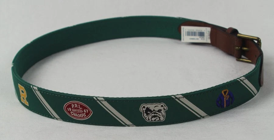 Cinto de lona Polo Ralph Lauren Varsity futebol verde seda couro novo com etiquetas - Imagem 1 de 1