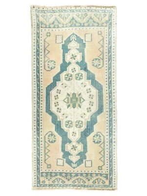 Alfombra de lana Oushak Runner turca vintage - arena melocotón y azul cielo - 1'11" x 4'1" ft Foto 1 de 4