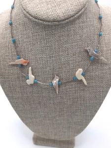 Zuni Bird Fetish Necklace Silver Heishi Turquoise Bead 5 Carved Birds 17" VTG - Picture 1 of 7