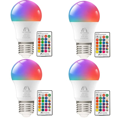 RGB LED Bulbs 10W E27 with Remote | Dimmable | 16 Colours + 6500K White | 4 Pack - Image 1 of 4