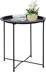 Outdoor & Living Room Metal Folding Side Table, Black, Round Small End Table - Picture 1 of 9