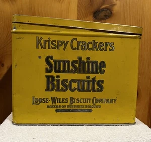 Sunshine Krispy Crackers Tin Empty Hinged Lid Yellow Vintage Antique - Picture 1 of 8