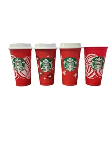 Starbucks 25 Años Vacaciones Navidad Vaso Reutilizable Taza 16 OZ Rojo Set 4, 3 Tapas - Imagen 1 de 2