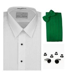 Tuxedo Shirt, Kelly Green Cummerbund, Bow-Tie, Cuff Links & Studs #937 - Picture 1 of 1
