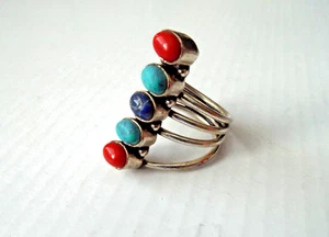 ***Navajo CORAL TURQUOISE LAPIS Silver RING Sz 8!! - Picture 1 of 5