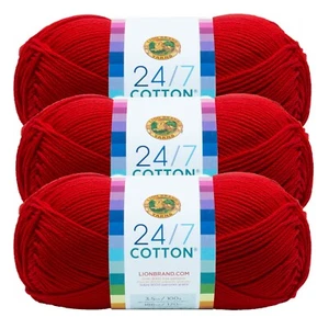 (3 Pack) Lion Brand Yarn 761-113B 24/7 Cotton® Yarn, Red - Picture 1 of 6