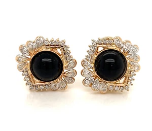 Pendientes vintage de oro amarillo de 14 K retro ónix negro diamante omega - Imagen 1 de 4