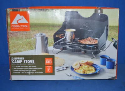 Estufa de campamento portátil plegable de 2 quemadores de propano Ozark Trail de acero inoxidable al aire libre Foto 1 de 2