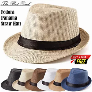 Unisex Straw Fedora Panama Hat Summer Sun Short Brim Floral Trilby Cuban Cap Hat - Picture 1 of 12