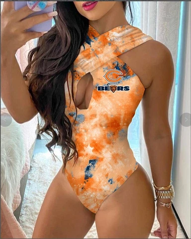 Chicago Bears Women's Front Cross Bathing Suit Bikini Halter Tie Back Swimsuit Cover