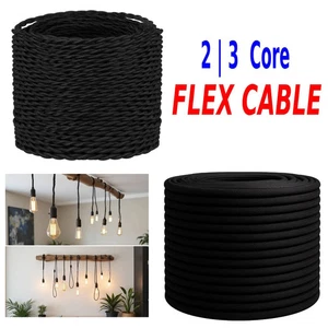 Black Fabric Cable 2/3 Core Twisted Braided Vintage Wire Lamp Flexible - Picture 1 of 29