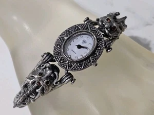 Vintage Silver ART DECO Double Head Dragon Wristwatch Garnet Marcasite Read - Picture 1 of 14