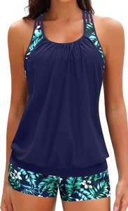 Costume da bagno donna Yonique 2 pezzi piccolo blu e verde floreale tankini tuta ragazzo corto - Foto 1 di 7