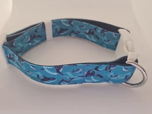 Blue shark print adjustable dog collar medium size - Picture 1 of 2