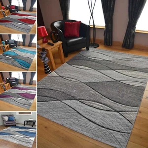 Modern Grey Rug Stair Hallway Runner Large Small Living Room Wave Mat UK Cheap - Picture 1 of 40
