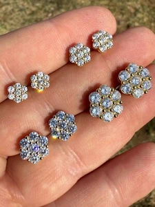 Cluster Flower Set Earrings Real 14k Gold Over 925 Silver 6-12mm Iced CZ Stones - Picture 1 of 24