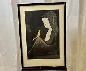 KAORU KAWANO - Woodblock Print Girl and Yellow Bird Signed Art Japan Mid Century - Picture 1 of 7