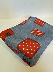 Vintage 70s Polyester Fabric 62” Wide x 2 Yards Blue Red Patchwork Cross Stitch - Picture 1 of 5