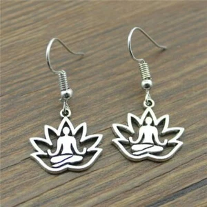 PENDIENTES DE BUDA DE LOTO 1.25 "Yoga Meditación Gota Cuelga Alambres de Acero Inoxidable - Imagen 1 de 3