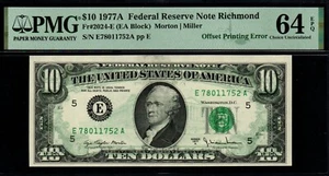 1977A $10 OFFSET PRINTING ERROR Federal Reserve Note! PMG CHOICE UNC 64 EPQ! - Picture 1 of 2