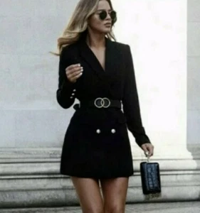 ZARA NEW WOMAN DOUBLE BREASTED FROCK COAT LONG BLAZER JACKET BLACK S 8063/642 WT - Imagen 1 de 10