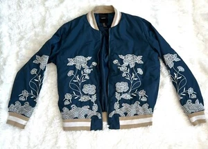 Forever 21 Jacket Sweater Bomber Green Teal Floral Embroidery Fashion SZ Med - Picture 1 of 5