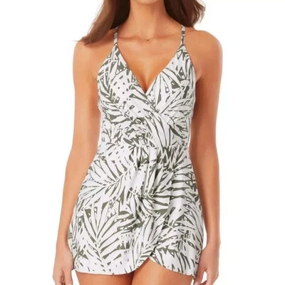 Anne Cole Surplice Maillot 绿色白色棕榈微风包裹式前泳装 10 码 — 第 1/4 张图片