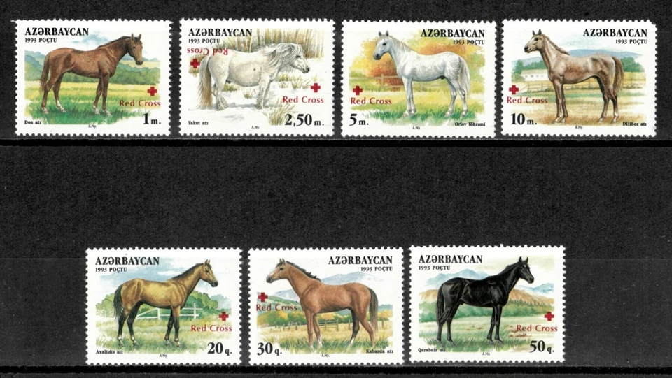 Azerbaiyán 1997 - Cruz Roja OVPT Caballos - Juego de 7 estampillas - Scott #629-35 - MNH Foto 1 de 1