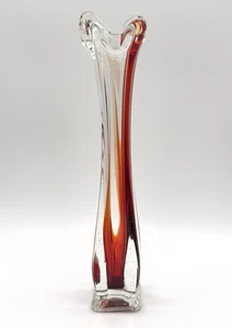 VINTAGE LEFTON MUNDGEBLASENE GESCHWUNGENE VASE ROT, ORANGE, KLAR HERGESTELLT IN JAPAN 11,5”T - Bild 1 von 9