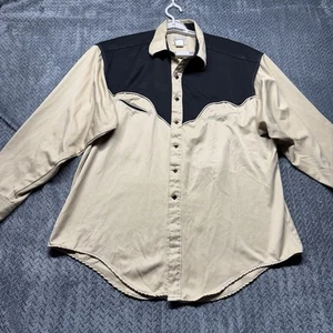 VTG Rockmount Ranch Wear Shirt L Diamond Pearl Snap Black Tan USA 70s Western - Picture 1 of 8