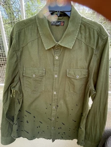 G by Guess Mens Shirt L/S Military Army Green Tiger Embroider Graphic Raw Hem XL - Picture 1 of 12