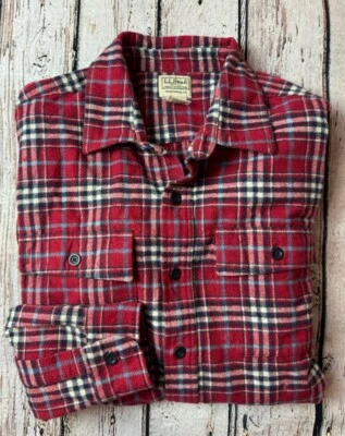 L. L. BEAN Plaid Heavy Flannel Long Sleeve Shirt XL 100% Cotton Red Blue - Image 1 of 4