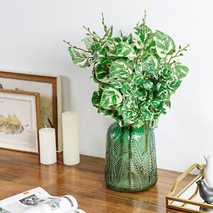 Artificial Greenery Stems in Green Tinted Glass Vase w/ Leaf Embossed Design
