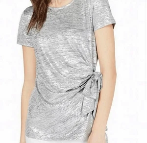Womens MSK Metallic Silver Shirred Knot Front Burnout Tee Shirt - Sz S - Picture 1 of 3